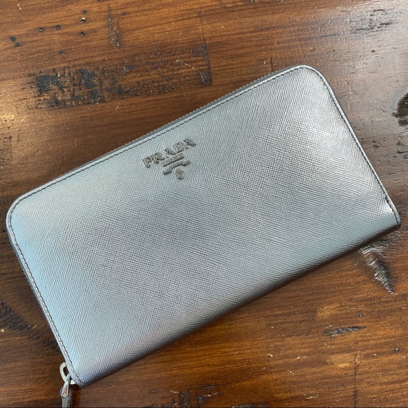 Prada Silver Saffiano Leather Zip Around Wallet - Picture 2 of 8